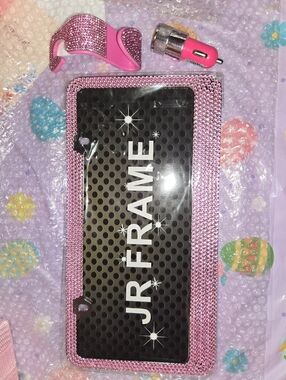 License Plate Frame Pink Rhinestone With Bag Holder And Power usb Car Plug Set